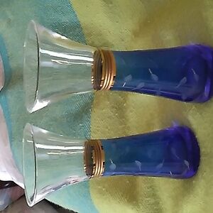 Vintage 1994 Shiseido Cobalt Blue Vases With Etched Leaves (Set of 2)